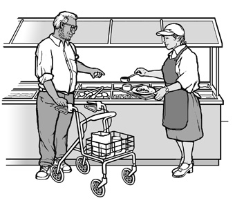 A restaurant employee serves from a buffet for guest using a walker.