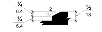 Dibujo de elevación de un cambio de nivel de 1/4 a 2 pulgadas (6.4 - 13 mm) de alto que está biselado con una inclinación de 1:2.