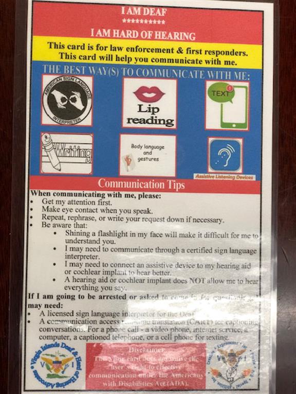 A 1-page card that allows communication between people who are deaf and law enforcement featuring easy-to-point-to text and images: "I AM DEAF; The best way to communicate with me is: WRITING; LIP READING;" etc.