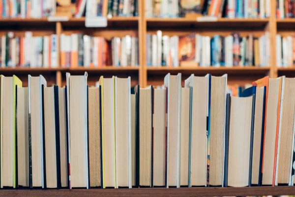 A shelf of colorful books in a library