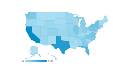 Map of US. Each state is in a slightly different blue color, from very light blues to very dark blues. The darker the blue, the more the Checklist is used. California, Florida, and Texas are the darkest blue states.