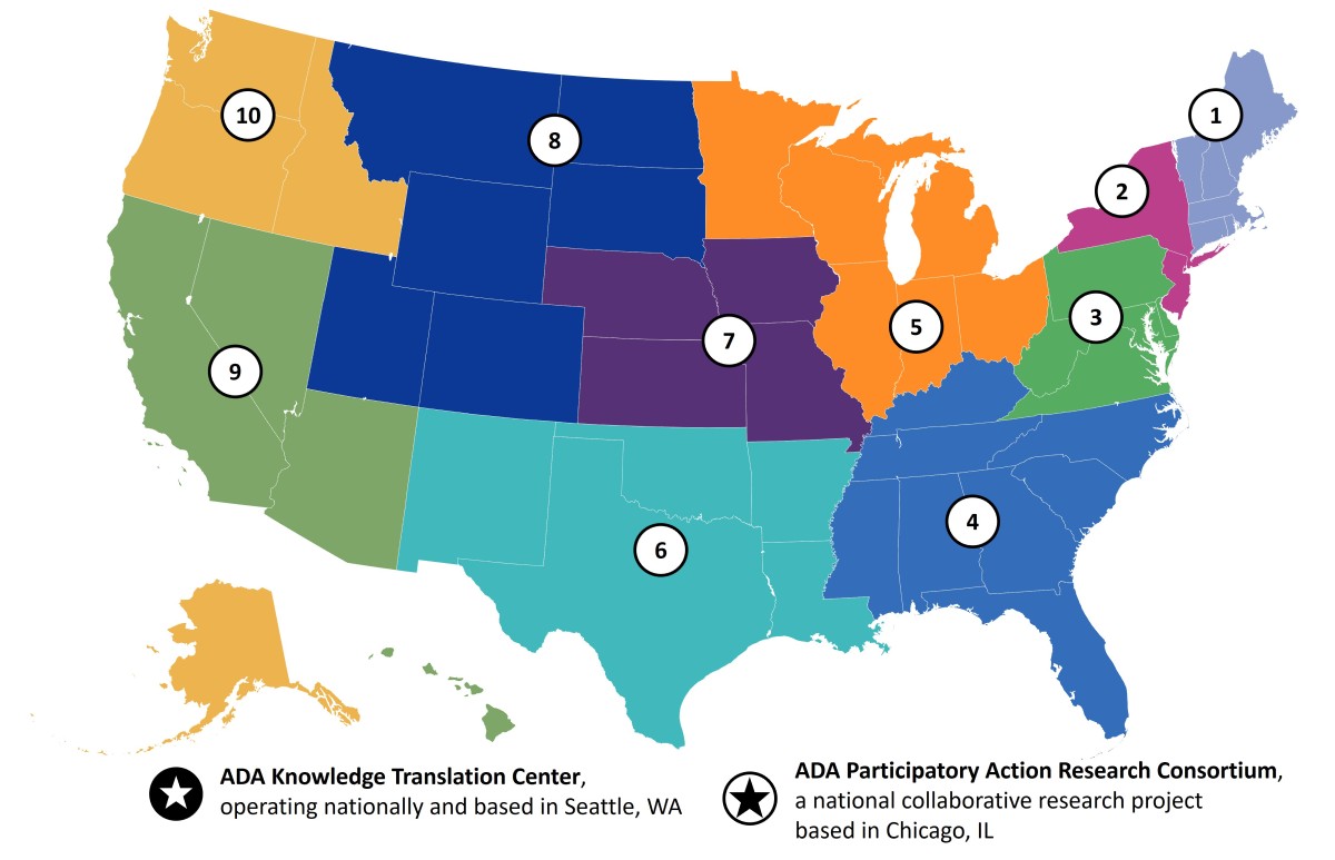 Map of 10 regional centers, plus ADAKT in Seattle WA and PARC in Chicago IL