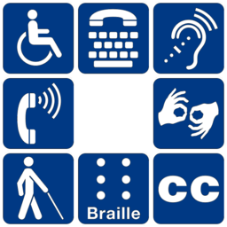 Figure 2: Symbols of accessibility for mobility disabilities, access for hearing loss, sign language interpretation, braille, and more.