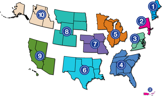 Map of 10 Regions/ADA Centers