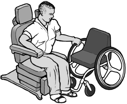 : Un dibujo de un hombre transfiriéndose de una silla de ruedas a una silla de examen médico accesible