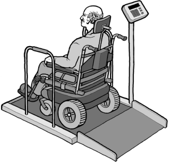  Un dibujo de un hombre en una silla de ruedas motorizada  usando una báscula accesible