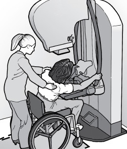 Un dibujo de equipo de mamografía accessible. Una mujer está sentada en su silla de ruedas frente a la máquina y está siendo asistida por una enfermera